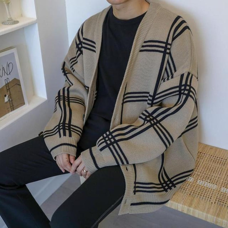Męski sweter typu kardigan o kroju oversize w kratkę