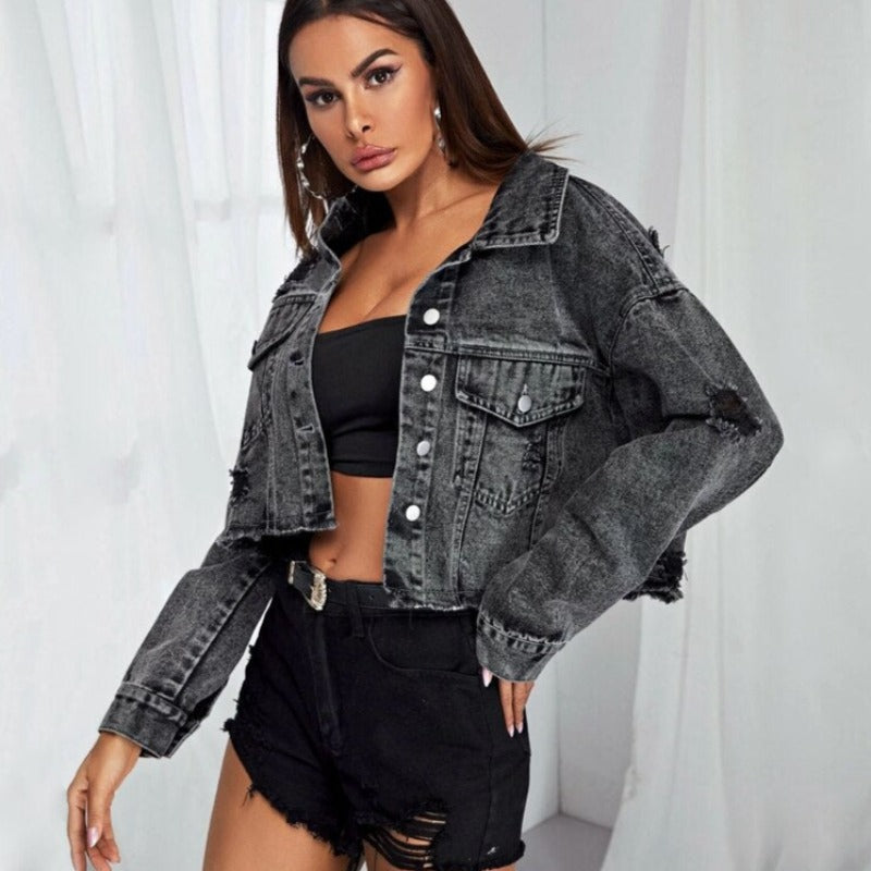 Damska kurtka jeansowa oversize z przetarciami
