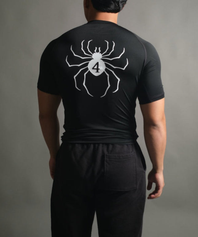 Sportowa koszulka męska kompresyjna z krótkim rękawem i motywem pająka na plecach