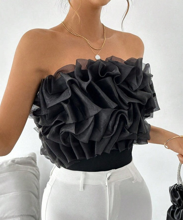 Body damskie prążkowane z ozdobnymi falbankami