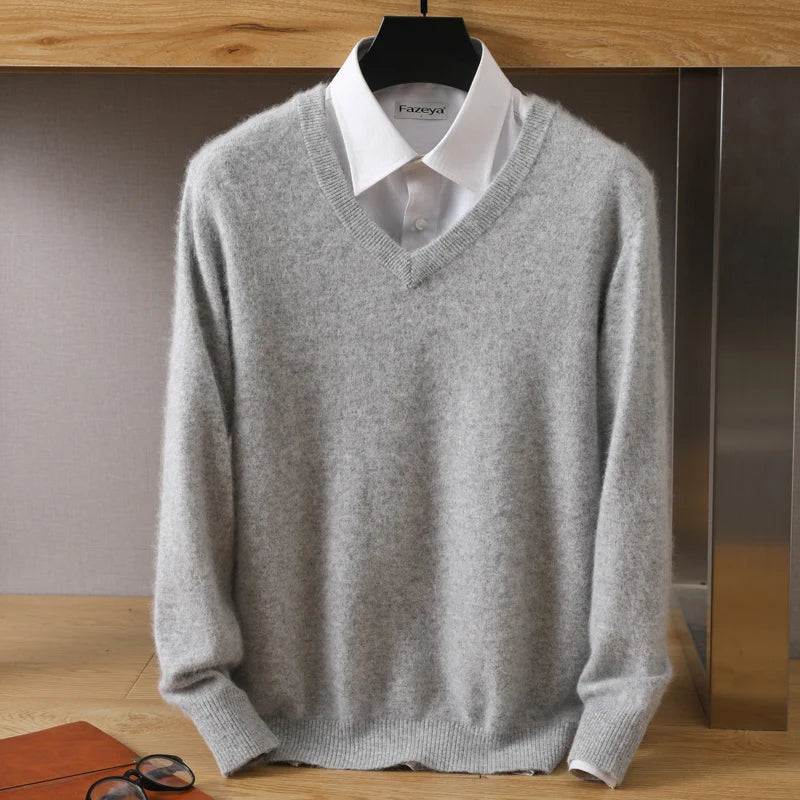 Męski sweter z dekoltem w serek ze 100% wełny