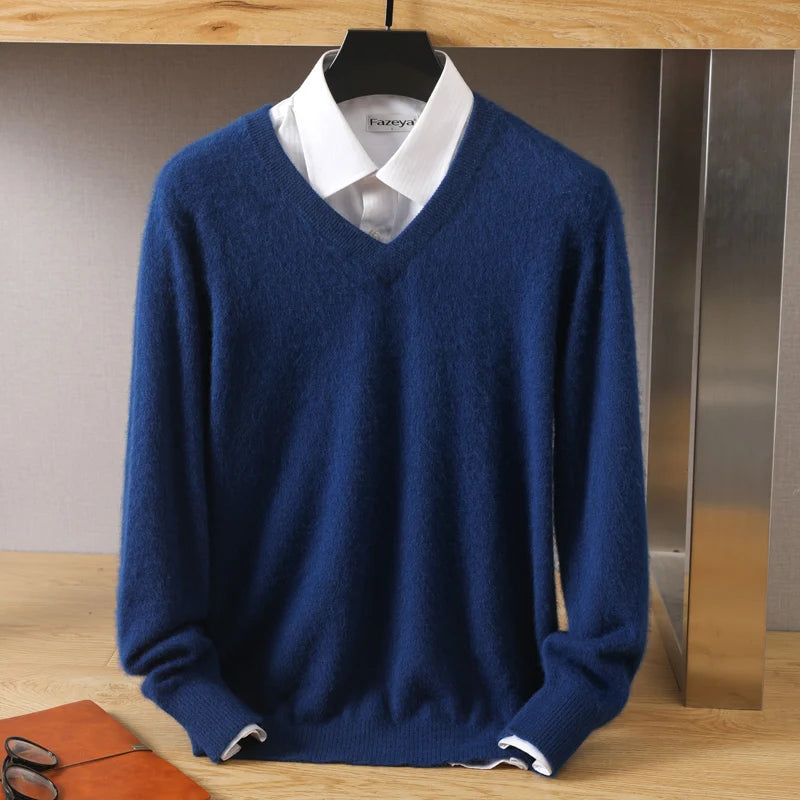 Męski sweter z dekoltem w serek ze 100% wełny