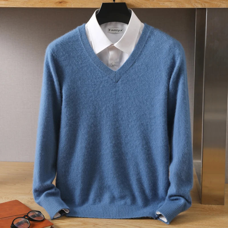 Męski sweter z dekoltem w serek ze 100% wełny
