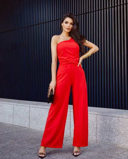 Elegancki one-shoulder kombinezon with wide legs, red 23560
