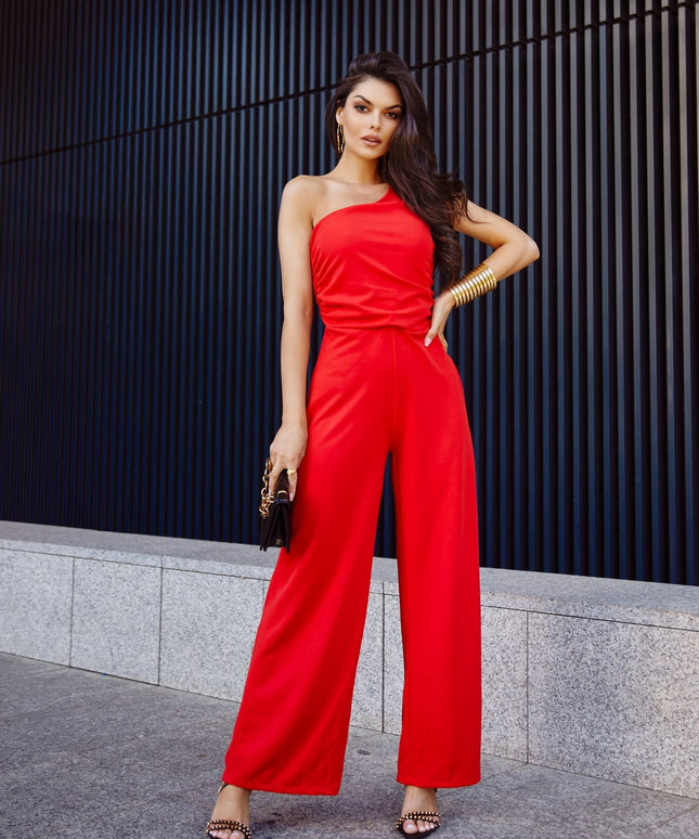 Elegancki one-shoulder kombinezon with wide legs, red 23560
