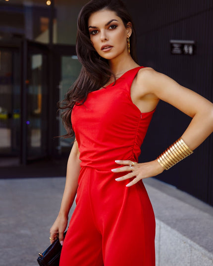 Elegancki one-shoulder kombinezon with wide legs, red 23560