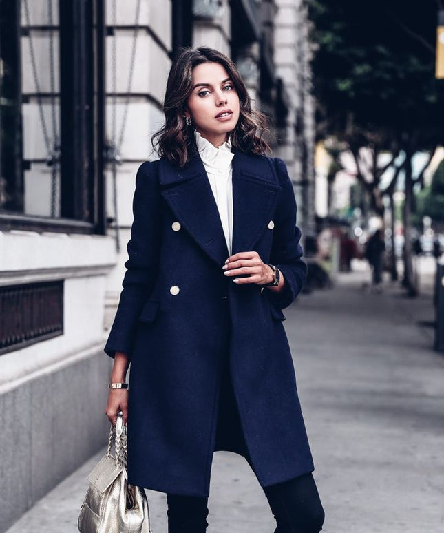 Damski płaszcz zimowy dwurzędowy wełniany — Peacoat