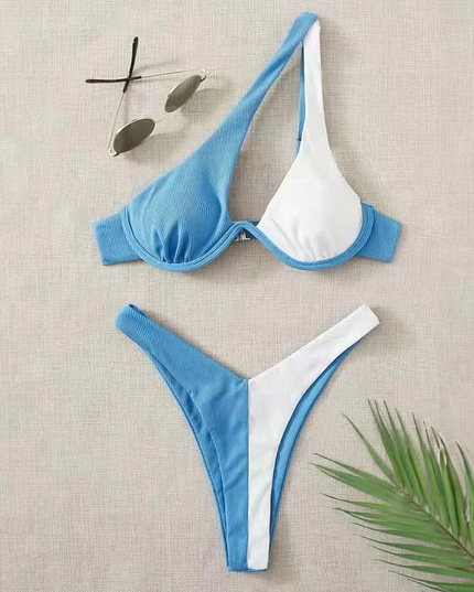 Asymetryczny dwuczęściowy strój kąpielowy bikini dwukolorowy