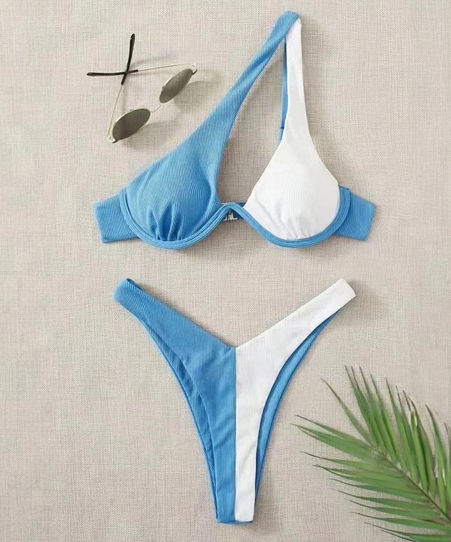 Asymetryczny dwuczęściowy strój kąpielowy bikini dwukolorowy