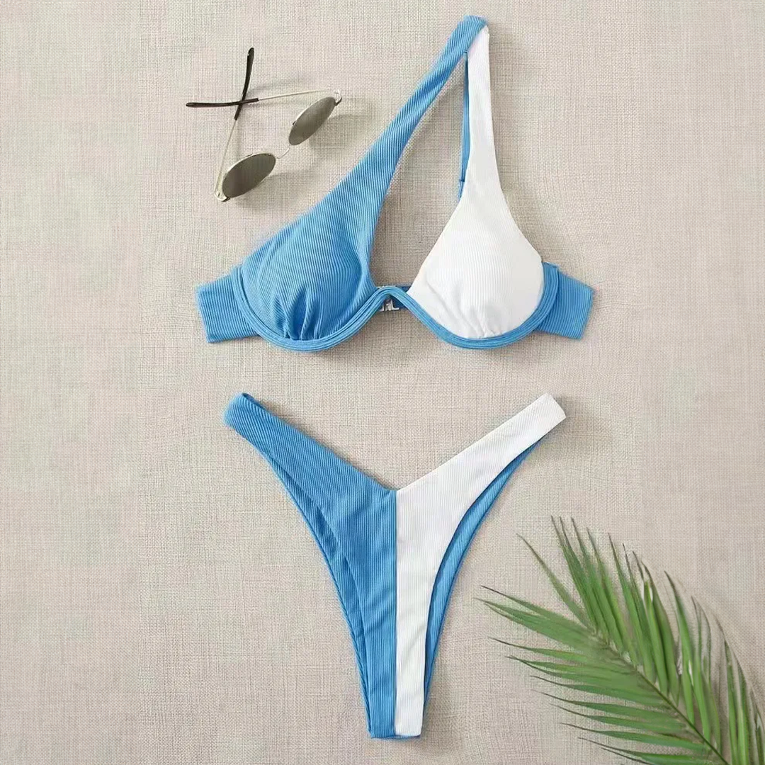Asymetryczny dwuczęściowy strój kąpielowy bikini dwukolorowy