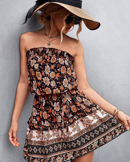 Damski w stylu boho w kwiatowy wzór print bez ramiączek sukienka letnia beach sukienka