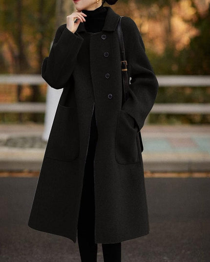 Damski płaszcz zimowy dwurzędowy wełniany — Peacoat