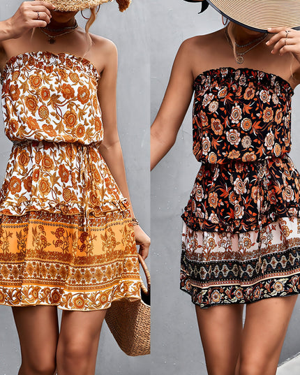 Damski w stylu boho w kwiatowy wzór print bez ramiączek sukienka letnia beach sukienka