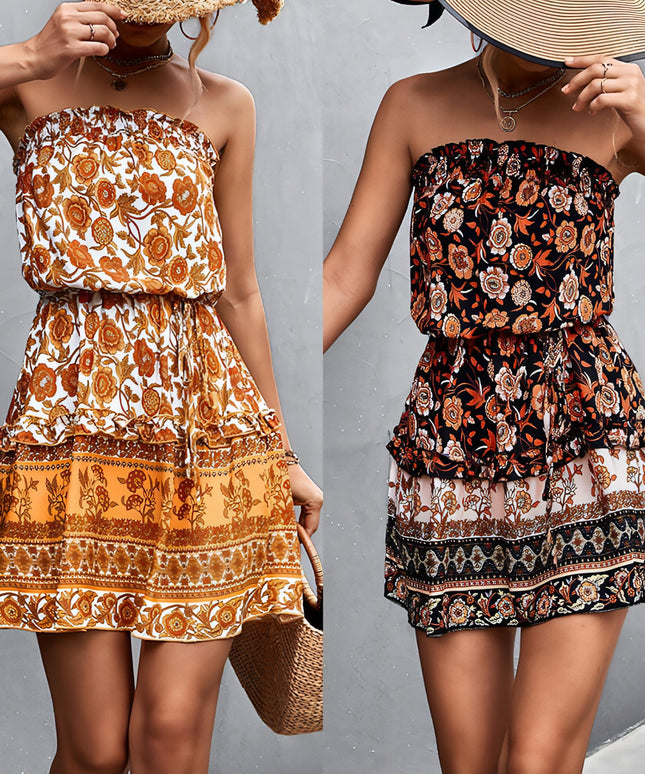 Damski w stylu boho w kwiatowy wzór print bez ramiączek sukienka letnia beach sukienka