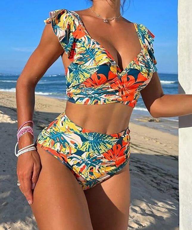 Dwuczęściowy strój kąpielowy z falbankami wiązany w talii