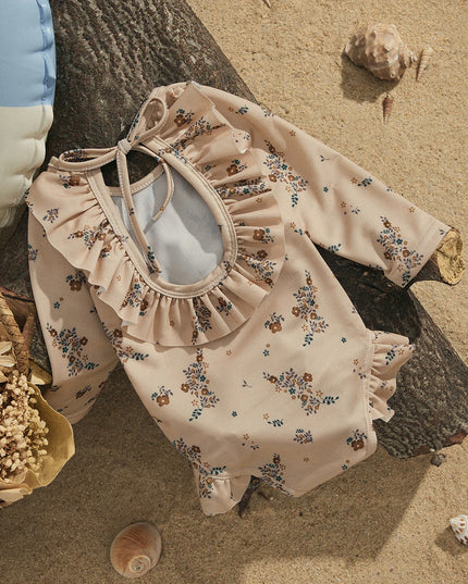 Jednoczęściowy strój kąpielowy dla niemowląt z wycięciem i falbanką na plecach