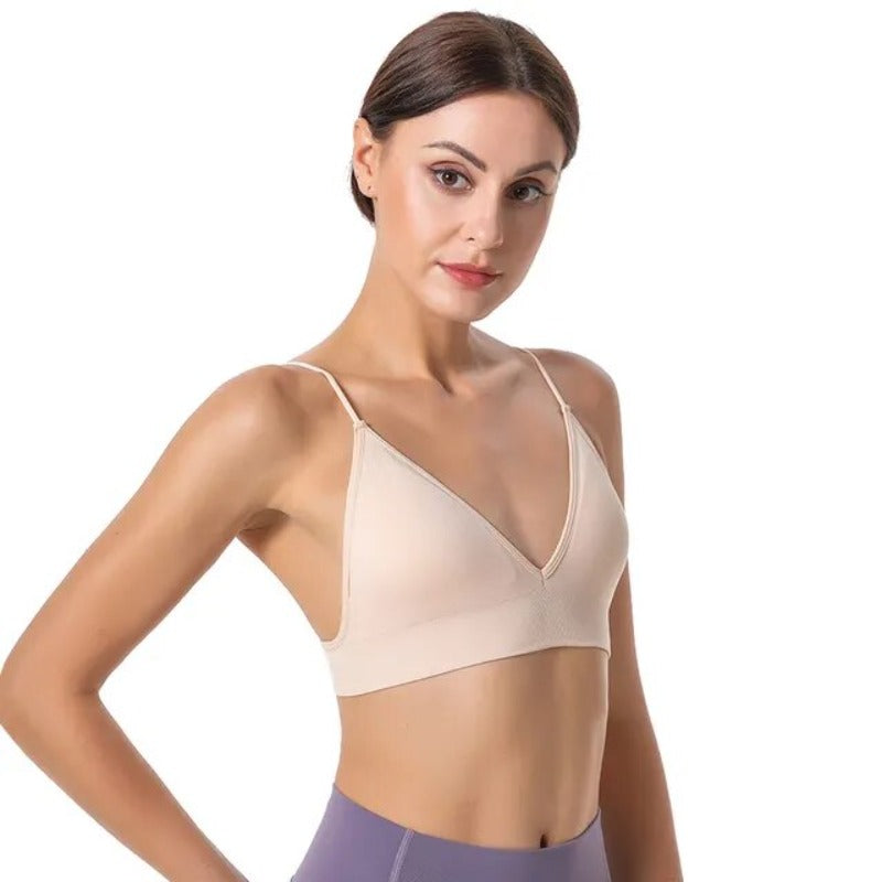 Sportowy biustonosz na cienkich ramiączkach z dekoltem w kształcie litery V