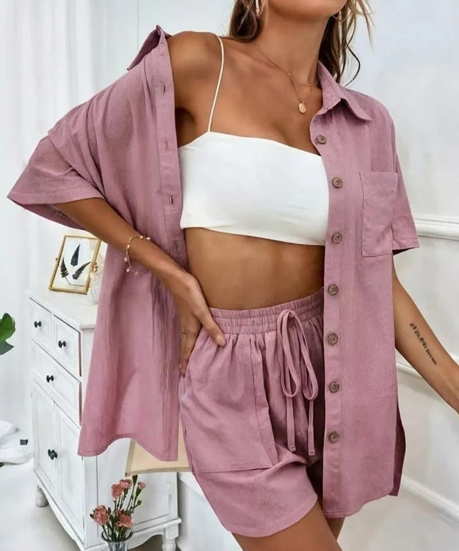 Letni komplet damski - koszula z krótkim rękawem i szorty
