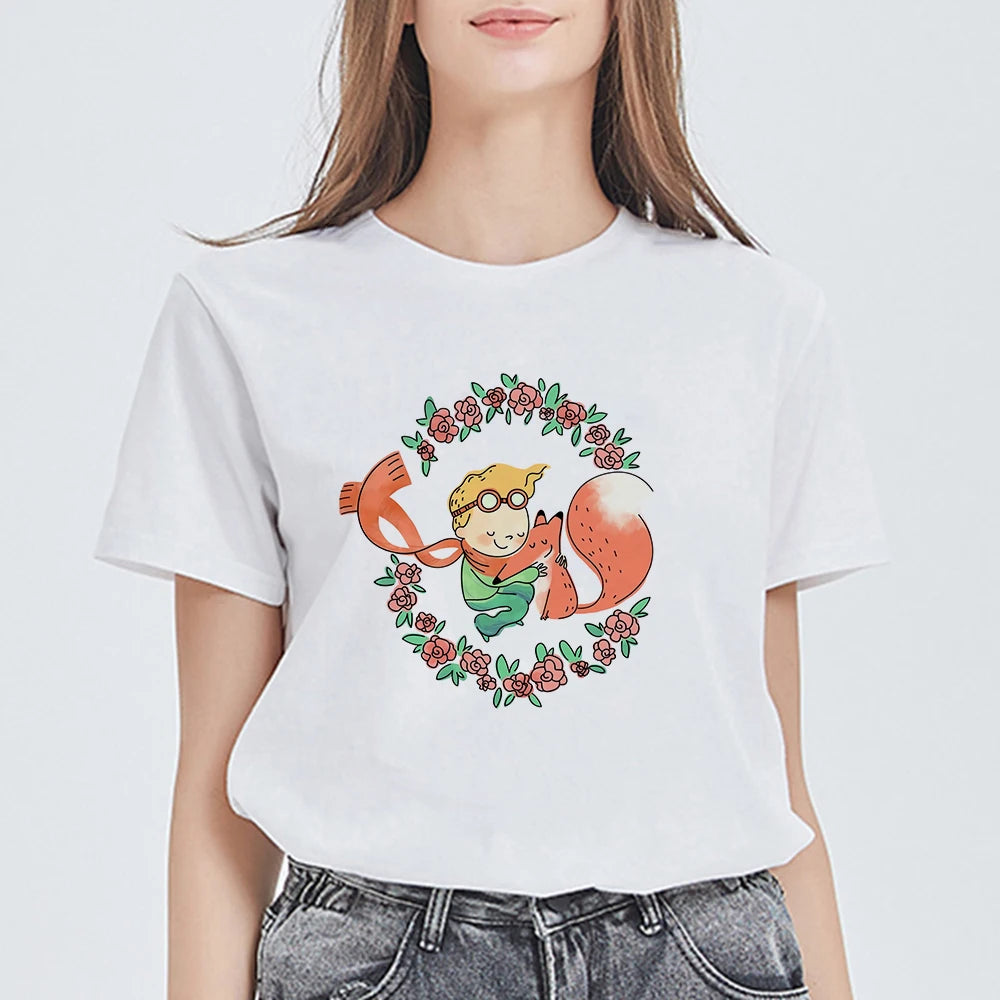 Damski T-shirt z kolorowym wzorem nawiązującym do Małego Księcia