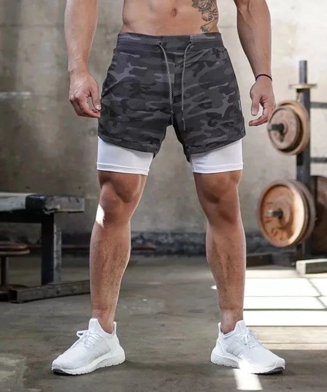 Sportowe spodenki męskie 2w1 z motywem moro