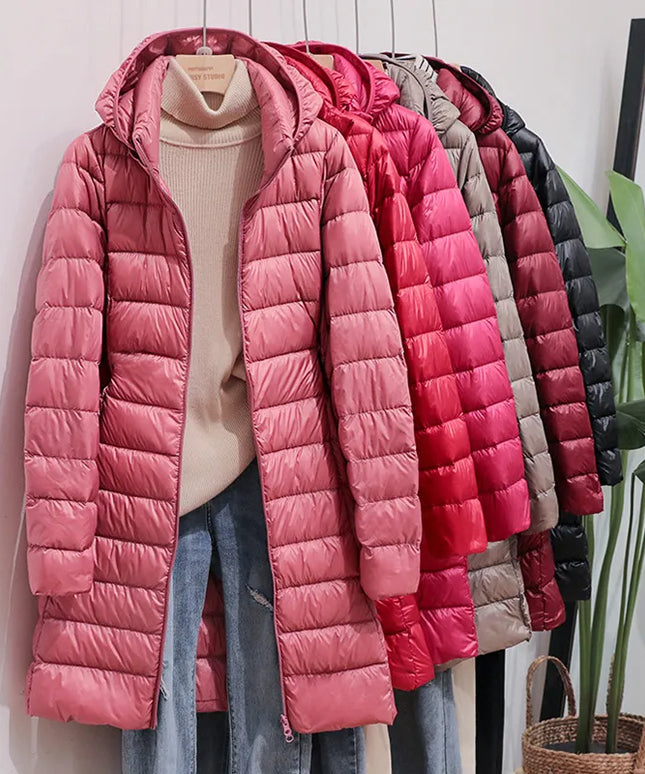 Długa damska pikowana kurtka zimowa z kapturem