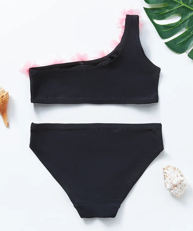 Dwuczęściowy strój kąpielowy dla dziewczynki na jedno ramię z kwiatkami