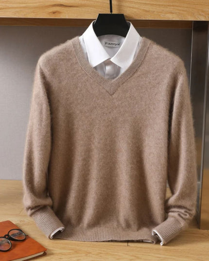 Męski sweter z dekoltem w serek ze 100% wełny