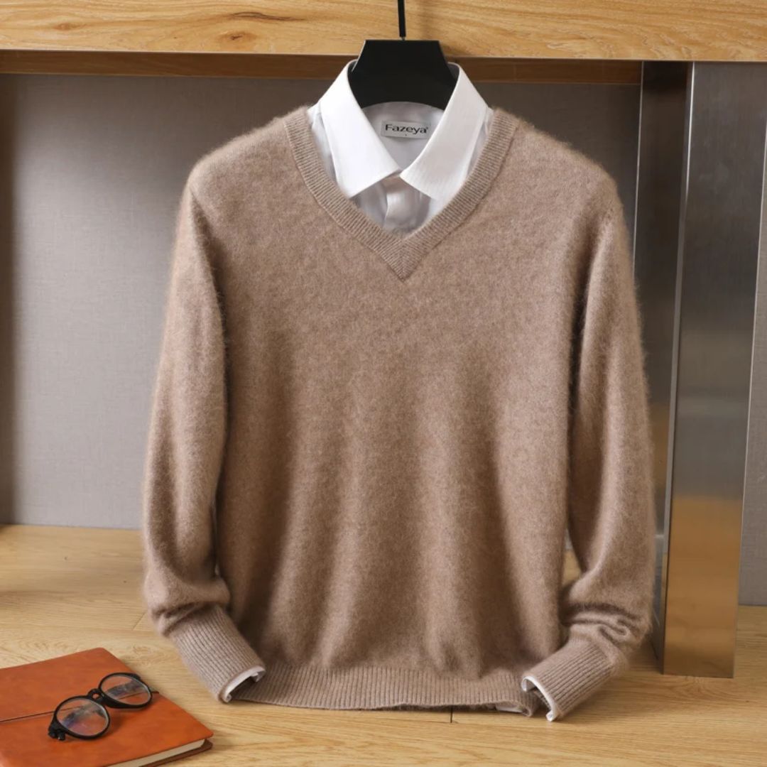 Męski sweter z dekoltem w serek ze 100% wełny