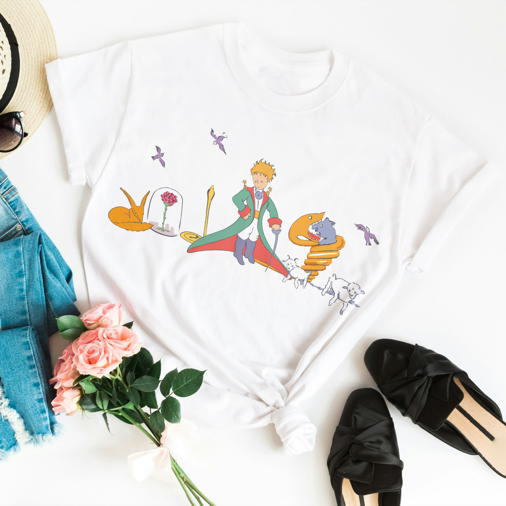 Damski T-shirt z kolorowym wzorem Małego Księcia