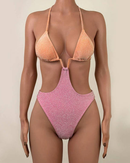 Błyszczący jednoczęściowy strój kąpielowy monokini dwukolorowy