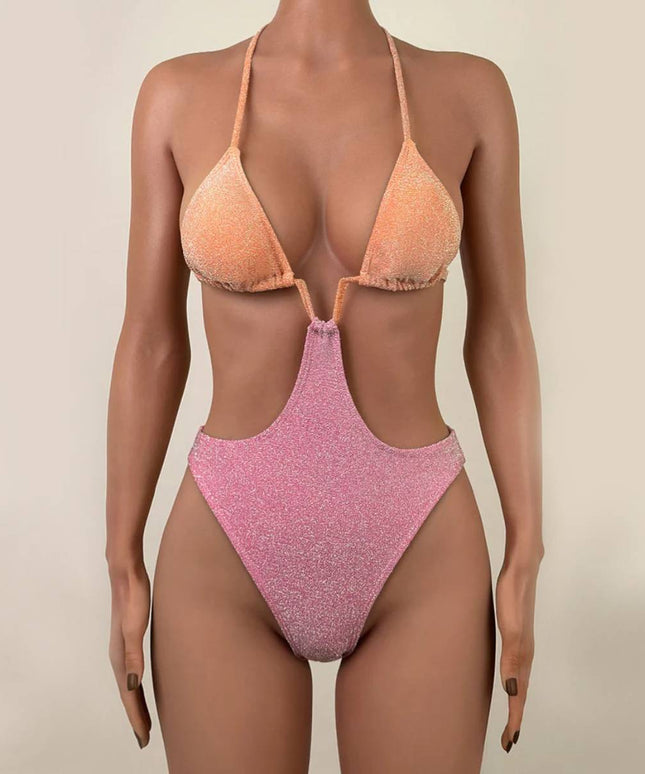 Błyszczący jednoczęściowy strój kąpielowy monokini dwukolorowy
