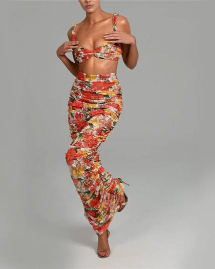 Elegancki komplet damski w kwiaty - top i spódnica maxi