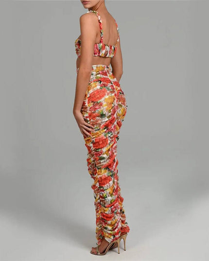 Elegancki komplet damski w kwiaty - top i spódnica maxi