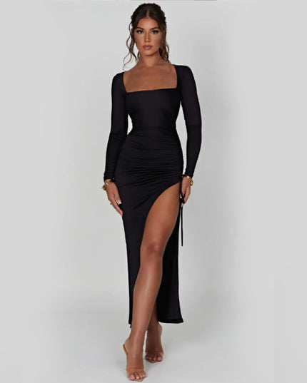 Sukienka maxi z rozporkiem na nogę i regulacją długości