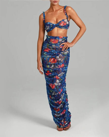 Elegancki komplet damski w kwiaty - top i spódnica maxi