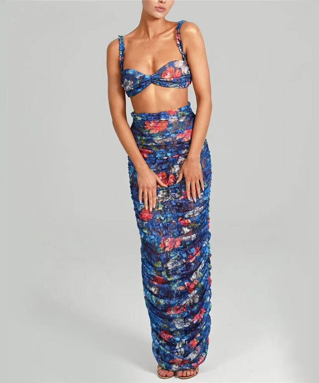 Elegancki komplet damski w kwiaty - top i spódnica maxi