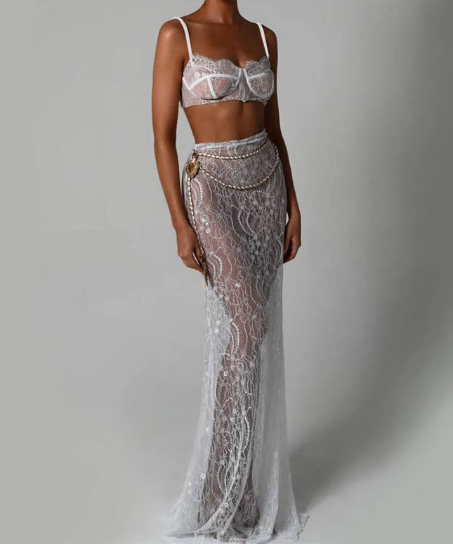 Koronkowy komplet damski ze spódnicą maxi