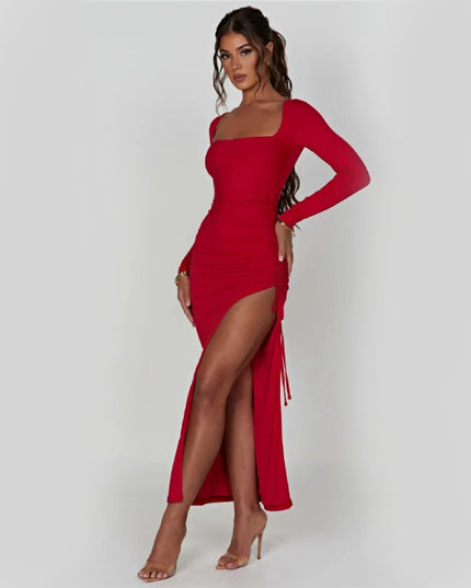 Sukienka maxi z rozporkiem na nogę i regulacją długości