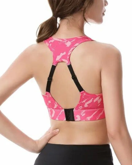 Sportowy biustonosz zapinany z tyłu ze wzorem