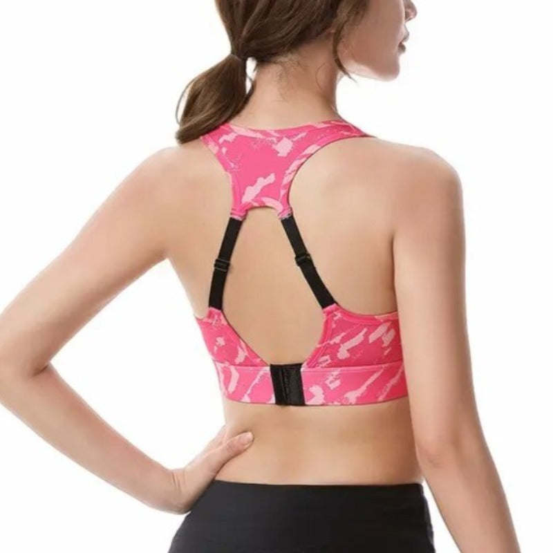 Sportowy biustonosz zapinany z tyłu ze wzorem