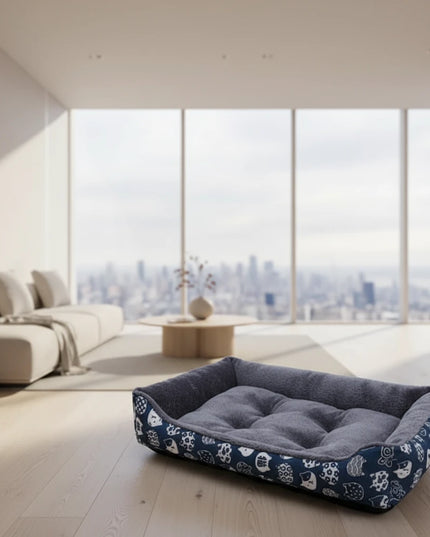 Pluszowe legowisko dla psa we wzorki