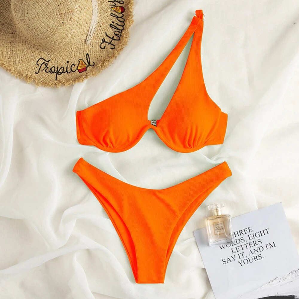 Dwuczęściowy strój kąpielowy bikini asymetryczny z fiszbinami