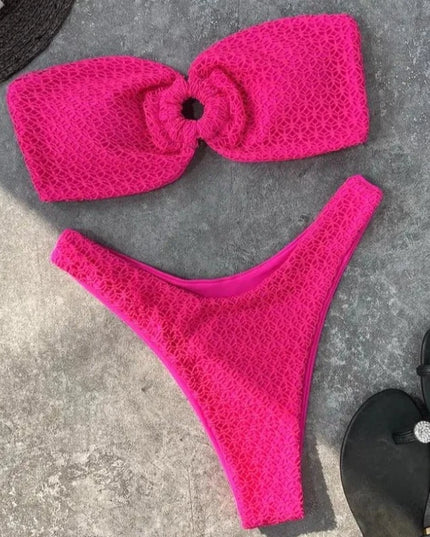 Dwuczęściowy strój kąpielowy bikini bez ramiączek z marszczonego materiału