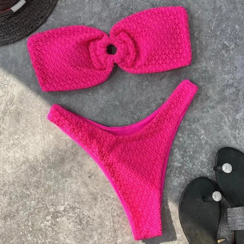 Dwuczęściowy strój kąpielowy bikini bez ramiączek z marszczonego materiału