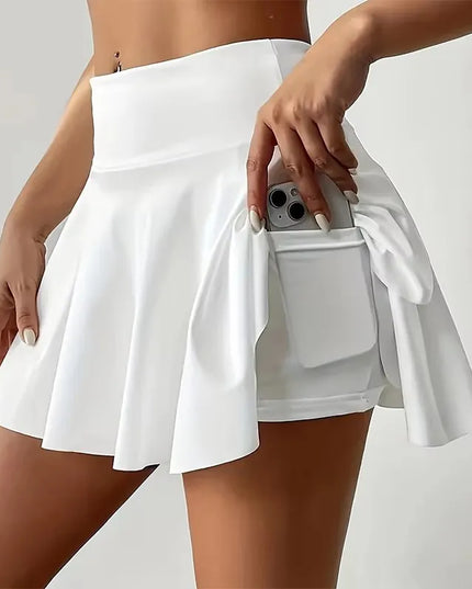 Damska mini spódniczka sportowa z kieszenią i spodenkami – wysoki stan