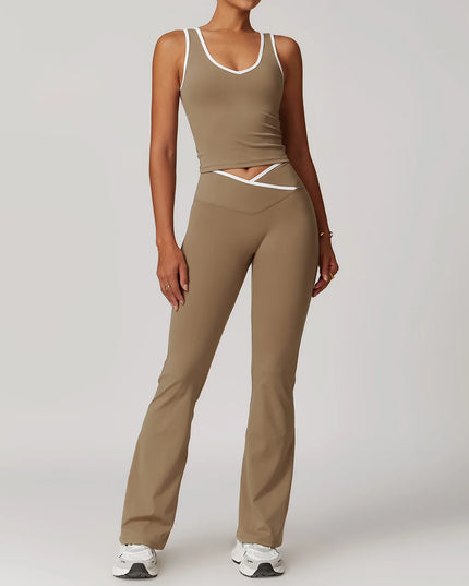 Długi set na jogę i pilates z białą lamówką