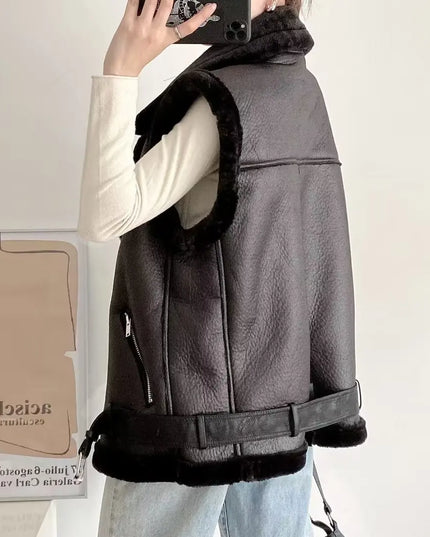 Kamizelka damska skórzana z ozdobnym futerkiem