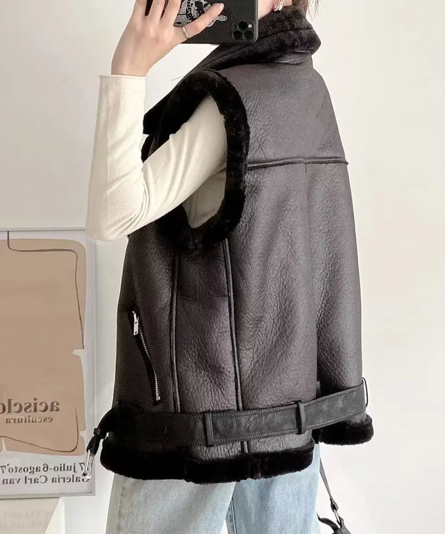 Kamizelka damska skórzana z ozdobnym futerkiem