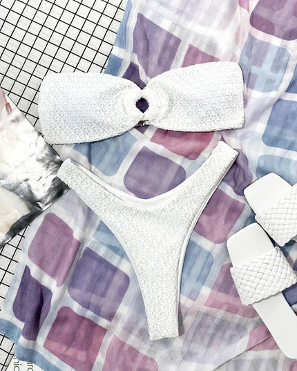 Dwuczęściowy strój kąpielowy bikini bez ramiączek z marszczonego materiału