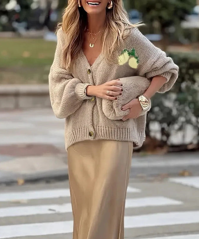 Sweter damski zapinany na guziki z bufiastymi rękawami – luźny sweter LIMONCELLO